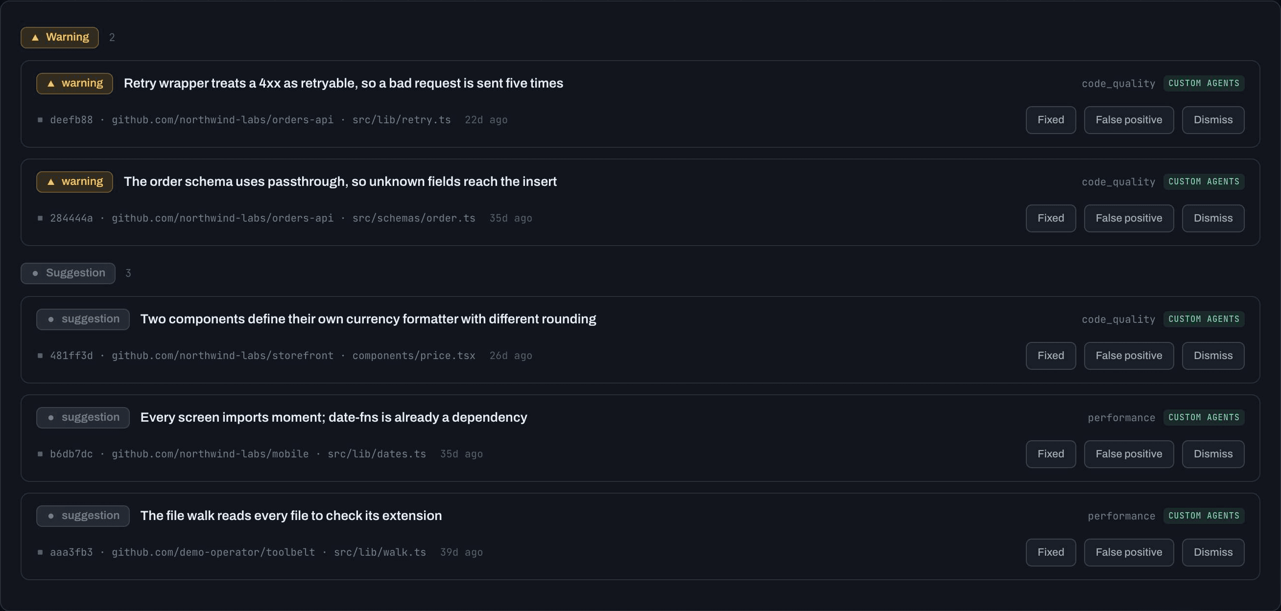 The findings queue: warnings and suggestions waiting for a decision